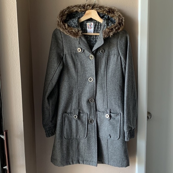 ROXY Gray Wool Faux Fur Hooded Coat - Picture 2 of 6